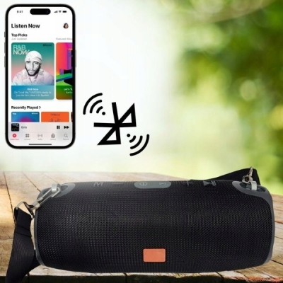 MOCNY GŁOŚNIK BLUETOOTH BEZPRZEWODOWY MOBILNY RADIO BASS Z PASKIEM NA RAMIĘ