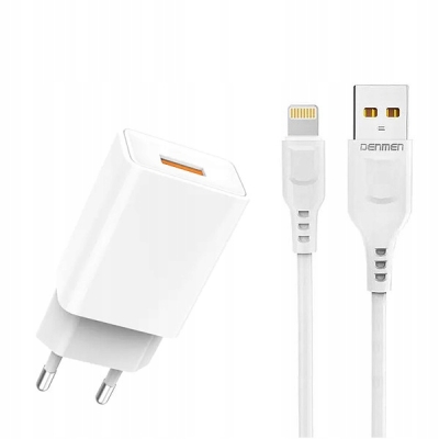 ŁADOWARKA SIECIOWA 2.4A + KABEL USB IPHONE BIAŁA DENMEN 2400MA DC01 12W