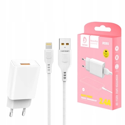 ŁADOWARKA SIECIOWA 2.4A + KABEL USB IPHONE BIAŁA DENMEN 2400MA DC01 12W